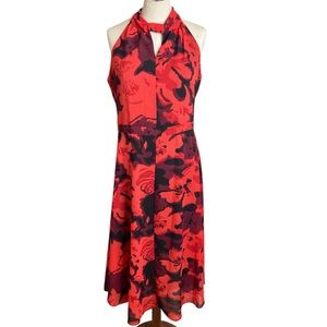 Philosophy Red & Black Floral Midi Dress – Halter Neck, Lined